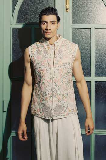Varun Bahl_Ivory Modal, Dupion Aura Embroidered Nehru Jacket _Online