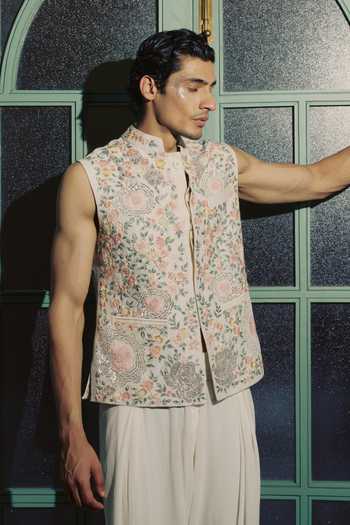 Buy_Varun Bahl_Ivory Modal, Dupion Aura Embroidered Nehru Jacket _Online