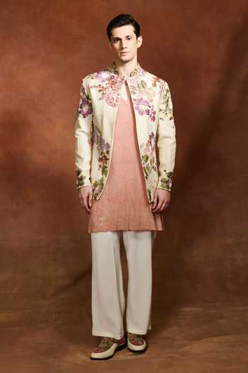 Buy_Varun Bahl_Ivory Modal, Dupion Embroidery Floral Bandhgala _at_Aza_Fashions