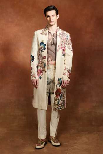Buy_Varun Bahl_Ivory Modal, Dupion Floral Embroidered Sherwani _at_Aza_Fashions