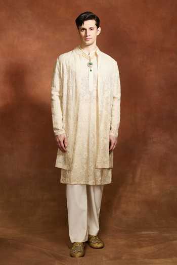 Buy_Varun Bahl_Ivory Silk Organza Embroidered Layered Jacket And Kurta Set _at_Aza_Fashions