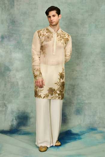 Buy_Varun Bahl_Beige Organza Heritage Embroidered Kurta Set _at_Aza_Fashions