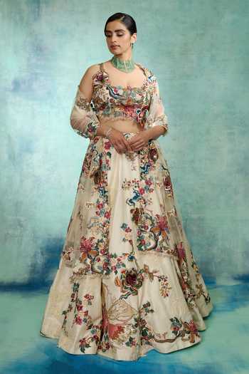 Shop_Varun Bahl_Ivory Net, Modal, Dupion Square Neck Enchanted Embroidered Lehenga Set _at_Aza_Fashions