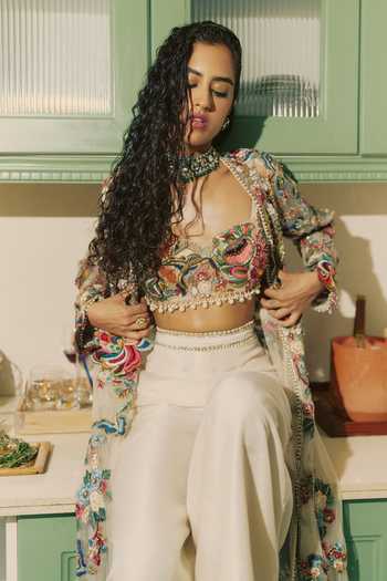 Varun Bahl_Ivory Satin, Net, Modal Pearls Open Neck, Ethereal Embellished Jacket And Pant Set _Online_at_Aza_Fashions