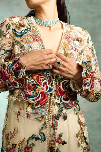 Shop_Varun Bahl_Ivory Satin, Net, Modal Pearls Open Neck, Ethereal Embellished Jacket And Pant Set _Online_at_Aza_Fashions