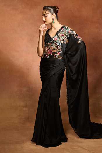 Buy_Varun Bahl_Black Satin, Chiffon V-neck Embroidered Pre-draped Saree With Blouse _at_Aza_Fashions