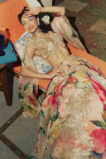 Varun Bahl_Gold Organza, Georgette High Neck Floral Print And Embroidered Lehenga Set _Online_at_Aza_Fashions