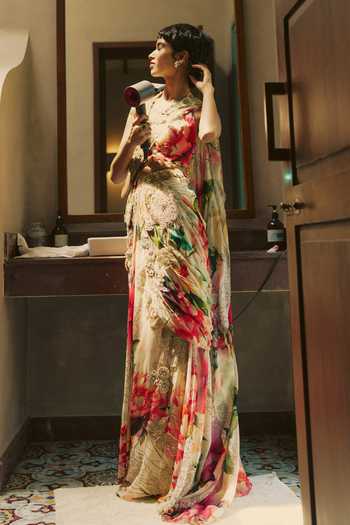 Varun Bahl_Gold Satin, Net, Modal, Georgette Halter Embellished Pre-draped Saree And Blouse _Online_at_Aza_Fashions