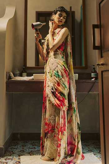 Buy_Varun Bahl_Gold Satin, Net, Modal, Georgette Halter Embellished Pre-draped Saree And Blouse _Online_at_Aza_Fashions