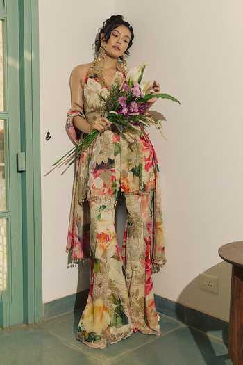 Varun Bahl_Gold Georgette Halter Neck Tropical Bloom Print Sharara Set _Online_at_Aza_Fashions