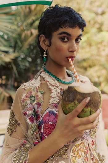 Varun Bahl_Peach Net Halter Neck Patchwork Peplum Sharara Set _Online_at_Aza_Fashions
