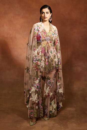 Varun Bahl_Peach Net Halter Neck Patchwork Peplum Sharara Set _at_Aza_Fashions