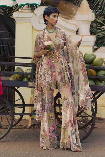 Buy_Varun Bahl_Peach Net Halter Neck Patchwork Peplum Sharara Set _at_Aza_Fashions