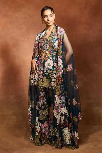 Shop_Varun Bahl_Blue Net Halter Neck Floral Patchwork Peplum Top Sharara Set _Online_at_Aza_Fashions