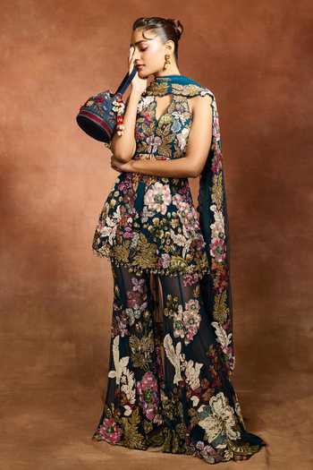 Buy_Varun Bahl_Blue Net Halter Neck Floral Patchwork Peplum Top Sharara Set _at_Aza_Fashions