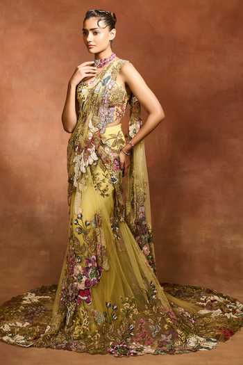 Buy_Varun Bahl_Yellow Net One Shoulder Ethereal Bloom Pre-draped Trail Saree With Blouse _at_Aza_Fashions