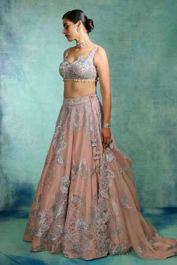 Varun Bahl_Pink Viscose, Tissue Sweetheart Neck Moonlit Bloom Embroidered Lehenga Set _Online_at_Aza_Fashions