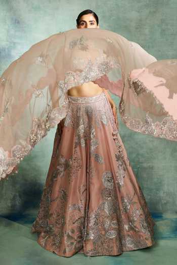 Shop_Varun Bahl_Pink Viscose, Tissue Sweetheart Neck Moonlit Bloom Embroidered Lehenga Set _Online_at_Aza_Fashions