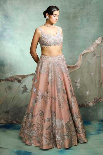 Buy_Varun Bahl_Pink Viscose, Tissue Sweetheart Neck Moonlit Bloom Embroidered Lehenga Set _at_Aza_Fashions