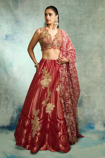 Buy_Varun Bahl_Red Net, Brocade V-neck Rose Regal Lehenga Set _at_Aza_Fashions