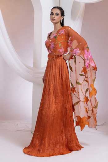 Buy_Smriti By Anju Agarwal_Orange Organza, Chinon One Shoulder Sienna Bloom Blouse Lehenga Set _Online_at_Aza_Fashions