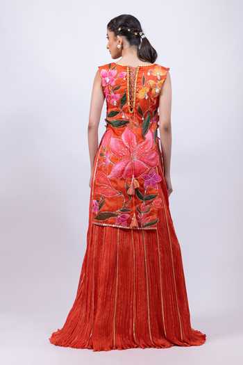 Shop_Smriti By Anju Agarwal_Coral Chinon Round Neck Solara Nomad Hand Painted Kurta With Skirt _at_Aza_Fashions