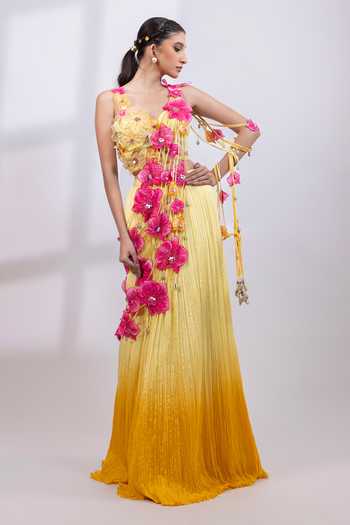 Buy_Smriti By Anju Agarwal_Pink Organza, Chinon Sweetheart Neck Petal Cascade Pre-draped Saree With Blouse _at_Aza_Fashions