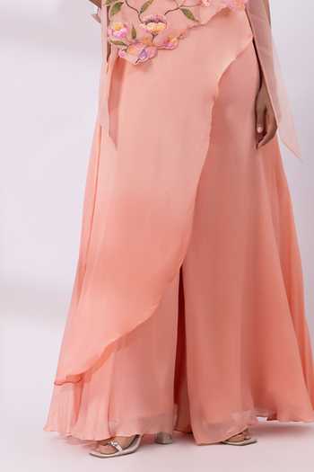 Smriti By Anju Agarwal_Pink Organza, Chinon Round Neck Blossom Embroidered Jacket Palazzo Set _Online_at_Aza_Fashions