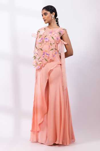 Shop_Smriti By Anju Agarwal_Pink Organza, Chinon Round Neck Blossom Embroidered Jacket Palazzo Set _Online_at_Aza_Fashions