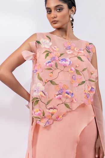 Smriti By Anju Agarwal_Pink Organza, Chinon Round Neck Blossom Embroidered Jacket Palazzo Set _at_Aza_Fashions