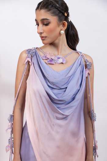 Smriti By Anju Agarwal_Pink Satin, Modal Cowl Neck, Yes Petal Ombre Draped Kurta Set _Online_at_Aza_Fashions