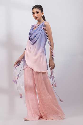 Smriti By Anju Agarwal_Pink Satin, Modal Cowl Neck, Yes Petal Ombre Draped Kurta Set _at_Aza_Fashions
