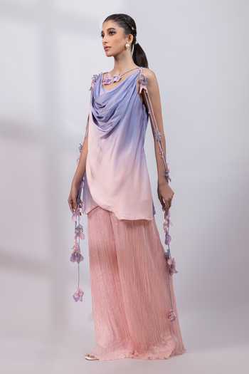 Buy_Smriti By Anju Agarwal_Pink Satin, Modal Cowl Neck, Yes Petal Ombre Draped Kurta Set 