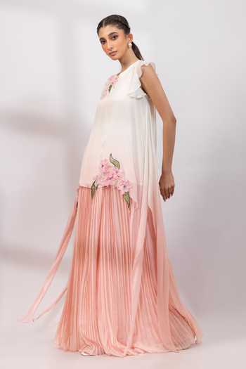Buy_Smriti By Anju Agarwal_Pink Chinon Round Neck Rose Mist Floral Applique Tunic With Palazzo _Online_at_Aza_Fashions
