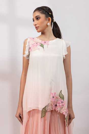 Buy_Smriti By Anju Agarwal_Pink Chinon Round Neck Rose Mist Floral Applique Tunic With Palazzo 