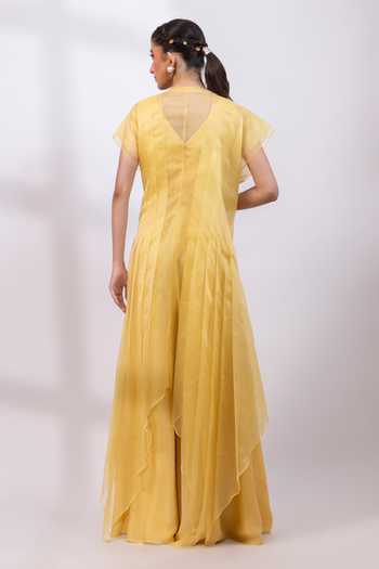 Shop_Smriti By Anju Agarwal_Yellow Organza, Chinon V-neck Aurelia Bloom Jumpsuit And Jacket Set _at_Aza_Fashions