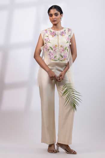 Buy_Smriti By Anju Agarwal_Cream Silk, Organza Round , Keyhole Garden Embroidered Cape Pant Set _at_Aza_Fashions
