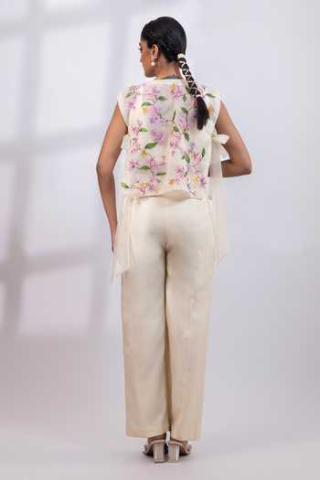 Shop_Smriti By Anju Agarwal_Cream Silk, Organza Round , Keyhole Garden Embroidered Cape Pant Set _at_Aza_Fashions