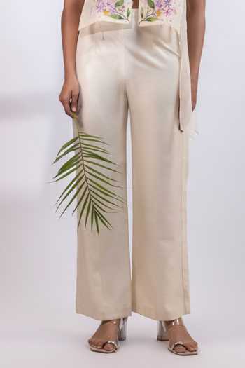 Smriti By Anju Agarwal_Cream Silk, Organza Round , Keyhole Garden Embroidered Cape Pant Set _Online_at_Aza_Fashions