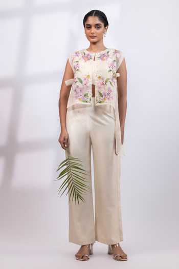 Buy_Smriti By Anju Agarwal_Cream Silk, Organza Round , Keyhole Garden Embroidered Cape Pant Set _Online_at_Aza_Fashions