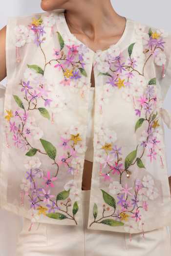 Smriti By Anju Agarwal_Cream Silk, Organza Round , Keyhole Garden Embroidered Cape Pant Set _at_Aza_Fashions