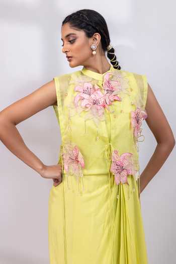 Smriti By Anju Agarwal_Lime Organza, Chinon Mandarin Collar Citrine Blossom Cape And Dress Set _Online_at_Aza_Fashions