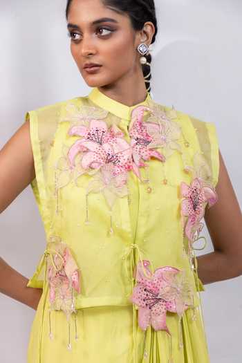 Buy_Smriti By Anju Agarwal_Lime Organza, Chinon Mandarin Collar Citrine Blossom Cape And Dress Set _Online_at_Aza_Fashions