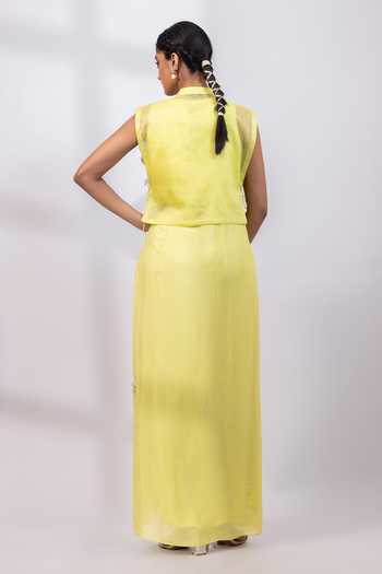 Shop_Smriti By Anju Agarwal_Lime Organza, Chinon Mandarin Collar Citrine Blossom Cape And Dress Set _at_Aza_Fashions