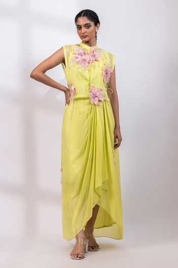 Buy_Smriti By Anju Agarwal_Lime Organza, Chinon Mandarin Collar Citrine Blossom Cape And Dress Set _at_Aza_Fashions