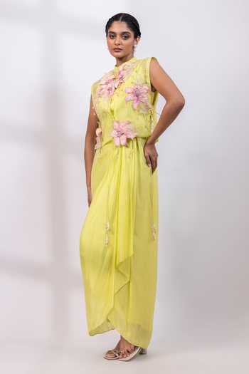 Smriti By Anju Agarwal_Lime Organza, Chinon Mandarin Collar Citrine Blossom Cape And Dress Set _at_Aza_Fashions
