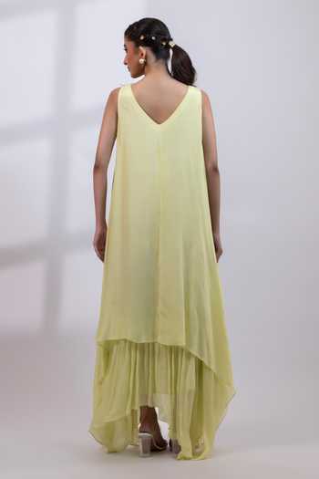 Shop_Smriti By Anju Agarwal_Green Chinon V-neck Verdant Petal Hand Painted Dress _at_Aza_Fashions