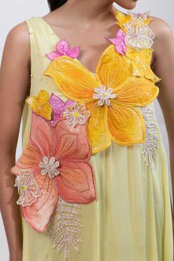 Smriti By Anju Agarwal_Green Chinon V-neck Verdant Petal Hand Painted Dress _at_Aza_Fashions