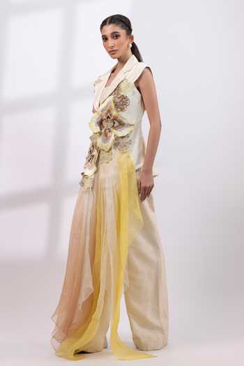 Buy_Smriti By Anju Agarwal_Ivory Silk, Organza Square Neck Botanica Elan Blazer Pant Set _Online_at_Aza_Fashions