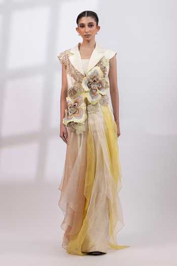 Shop_Smriti By Anju Agarwal_Ivory Silk, Organza Square Neck Botanica Elan Blazer Pant Set _Online_at_Aza_Fashions